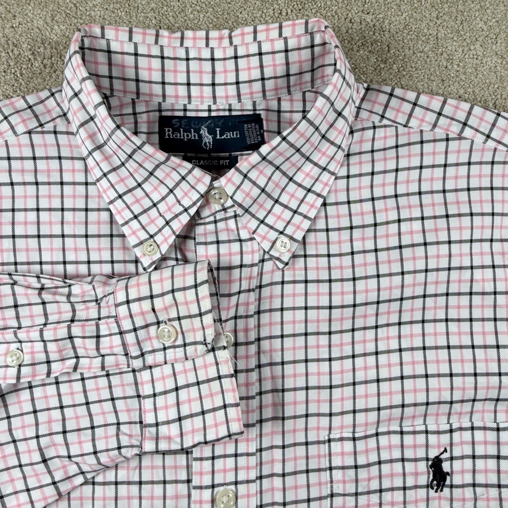 Ralph Lauren Button Down Shirt Mens Large Pink Classic Fit Tattersall Check